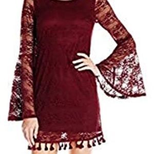 Burgundy Lace Shift Dress with Bell Sleeves